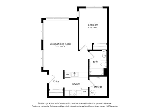 Floor plan for 1 bed, 1 bath, 678 sqft